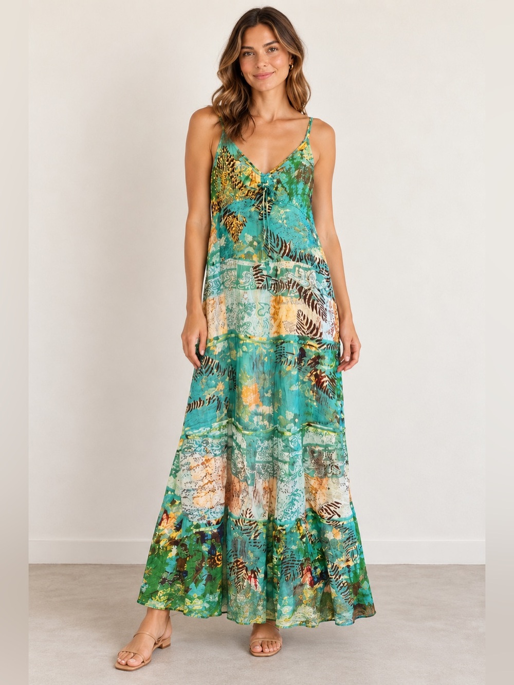 Green Multi Tropical Print Tiered Maxi Dress | Everyday Summer NWT M #1082